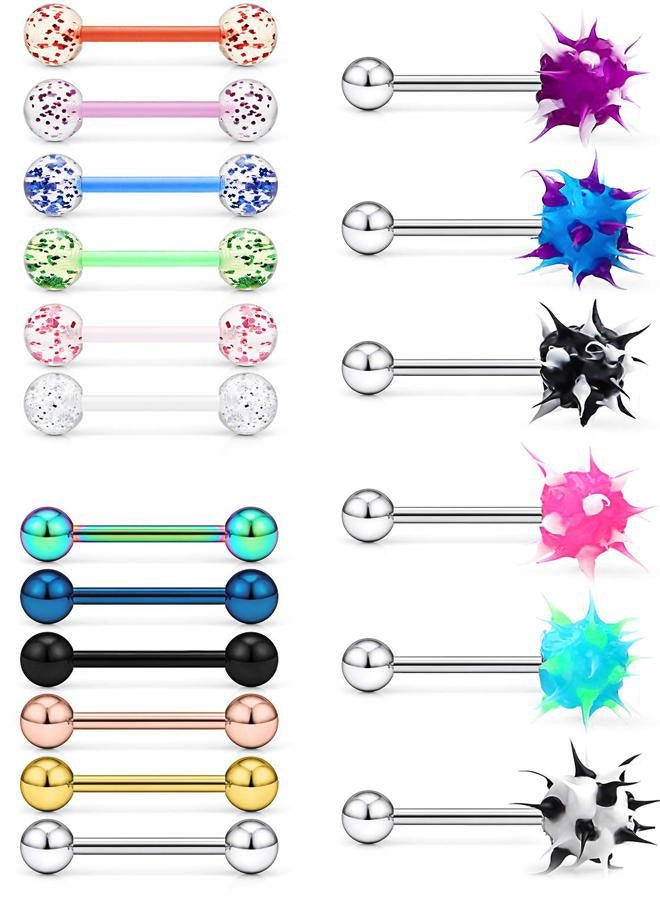 Hoeudjo 18Pcs 14G Tongue Rings Surgical Steel Soft Silicone Straight Barbells Bar Piercing Jewelry for Women Men 16mm (5/8 Inch), Metal Acrylic Silicone, - Image 1