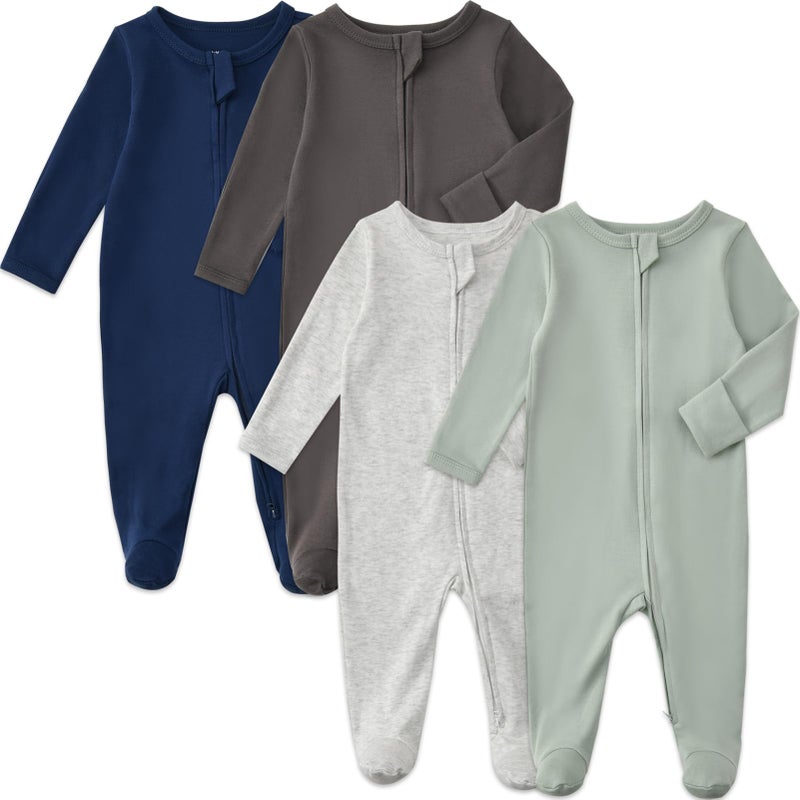 Aablexema Baby Pajamas with Mitten Cuffs Zipper 4-Pack Infant Newborn Cotton Long Sleeve Footie Outfit(Dark Grey/Light Grey/Navy/Avocado,3-6m) - Image 1