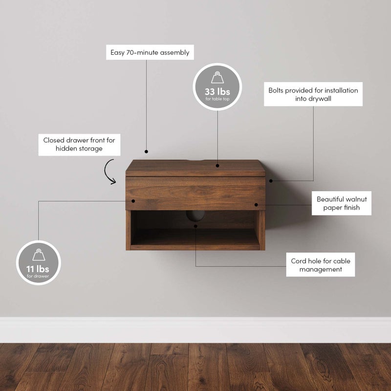 Nathan James Jackson Wall Mounted Floating Bedroom Nightstand with Storage Drawer and Modern Open Shelf Cubby, Dark Brown Walnut - Image 3