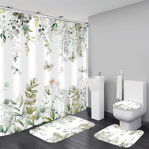 DDQQ 4Pcs Spring Shower Curtain Set Dragonfly Butterflies Bathroom Sets with Rugs, Green Leaf Flower Bathroom Shower Curtain Set with Carpet Bath Mat Toilet Rugs - Image 1