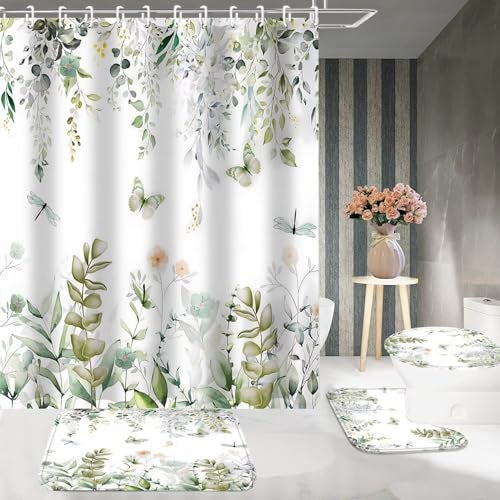 DDQQ 4Pcs Spring Shower Curtain Set Dragonfly Butterflies Bathroom Sets with Rugs, Green Leaf Flower Bathroom Shower Curtain Set with Carpet Bath Mat Toilet Rugs - Image 3