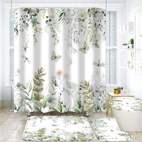 DDQQ 4Pcs Spring Shower Curtain Set Dragonfly Butterflies Bathroom Sets with Rugs, Green Leaf Flower Bathroom Shower Curtain Set with Carpet Bath Mat Toilet Rugs - Image 2