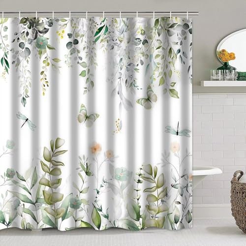DDQQ 4Pcs Spring Shower Curtain Set Dragonfly Butterflies Bathroom Sets with Rugs, Green Leaf Flower Bathroom Shower Curtain Set with Carpet Bath Mat Toilet Rugs - Image 4