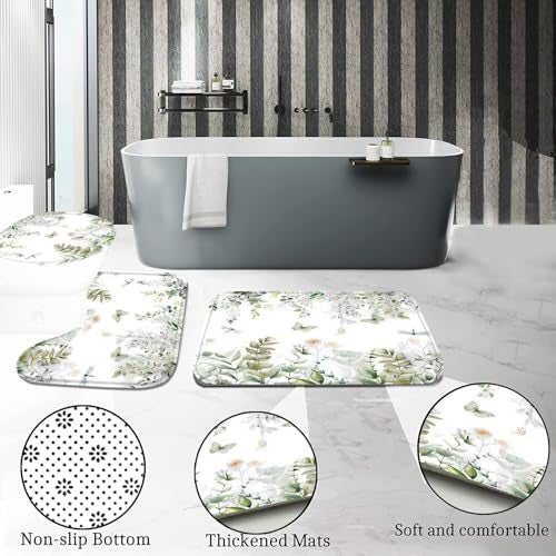 DDQQ 4Pcs Spring Shower Curtain Set Dragonfly Butterflies Bathroom Sets with Rugs, Green Leaf Flower Bathroom Shower Curtain Set with Carpet Bath Mat Toilet Rugs - Image 5