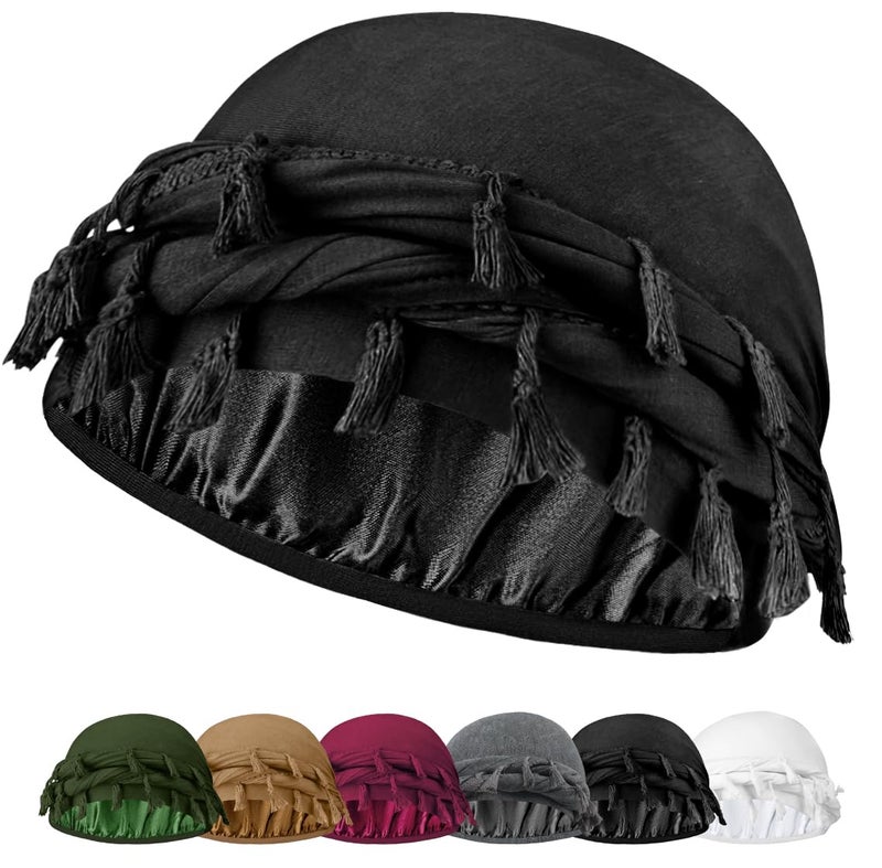 Ababalaya Adjustable Satin Lined Halo Turban Durag for Men &Women, Twisted Tassel Head Wraps, Beanie Hats for Hair Loss, Black, 1 PCS - Image 1