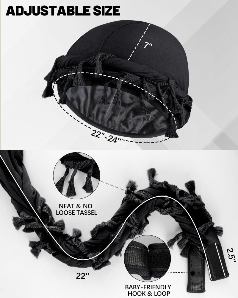 Ababalaya Adjustable Satin Lined Halo Turban Durag for Men &Women, Twisted Tassel Head Wraps, Beanie Hats for Hair Loss, Black, 1 PCS - Image 3