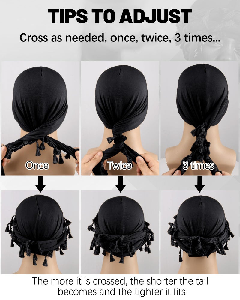 Ababalaya Adjustable Satin Lined Halo Turban Durag for Men &Women, Twisted Tassel Head Wraps, Beanie Hats for Hair Loss, Black, 1 PCS - Image 5