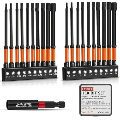 FYRIXY 20-Piece 4" Long Hex Bit Set – Metric & SAE Allen Wrench Drill Bits with 1/4" Hex Shank, S2 Steel, CNC Machined Magnetic Tips, Extension Socket & Storage Box – Compatible with Impact Drivers - Image 1