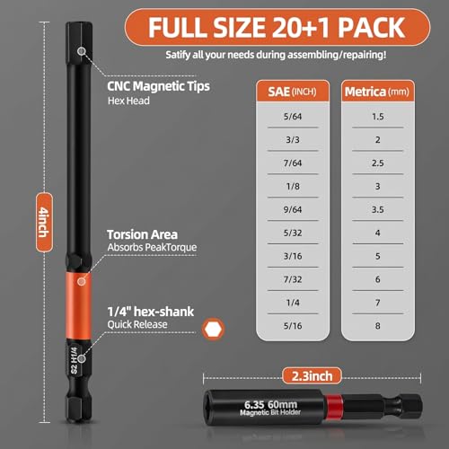 FYRIXY 20-Piece 4" Long Hex Bit Set – Metric & SAE Allen Wrench Drill Bits with 1/4" Hex Shank, S2 Steel, CNC Machined Magnetic Tips, Extension Socket & Storage Box – Compatible with Impact Drivers - Image 2