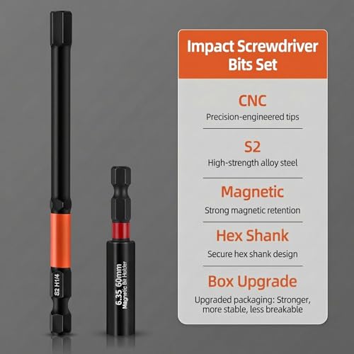 FYRIXY 20-Piece 4" Long Hex Bit Set – Metric & SAE Allen Wrench Drill Bits with 1/4" Hex Shank, S2 Steel, CNC Machined Magnetic Tips, Extension Socket & Storage Box – Compatible with Impact Drivers - Image 3