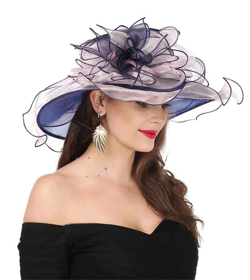 SAFERIN Women's Organza Church Kentucky Derby Fascinator Bridal Tea Party Wedding Hat (2867-Navy and Pink) - Image 4