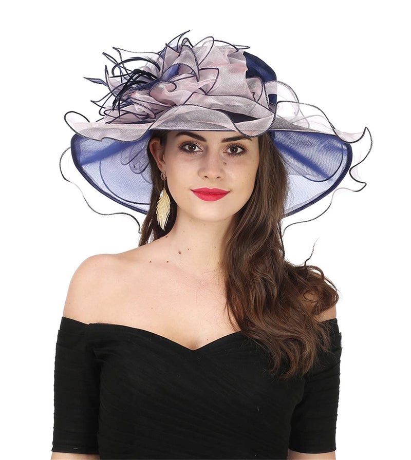 SAFERIN Women's Organza Church Kentucky Derby Fascinator Bridal Tea Party Wedding Hat (2867-Navy and Pink) - Image 3