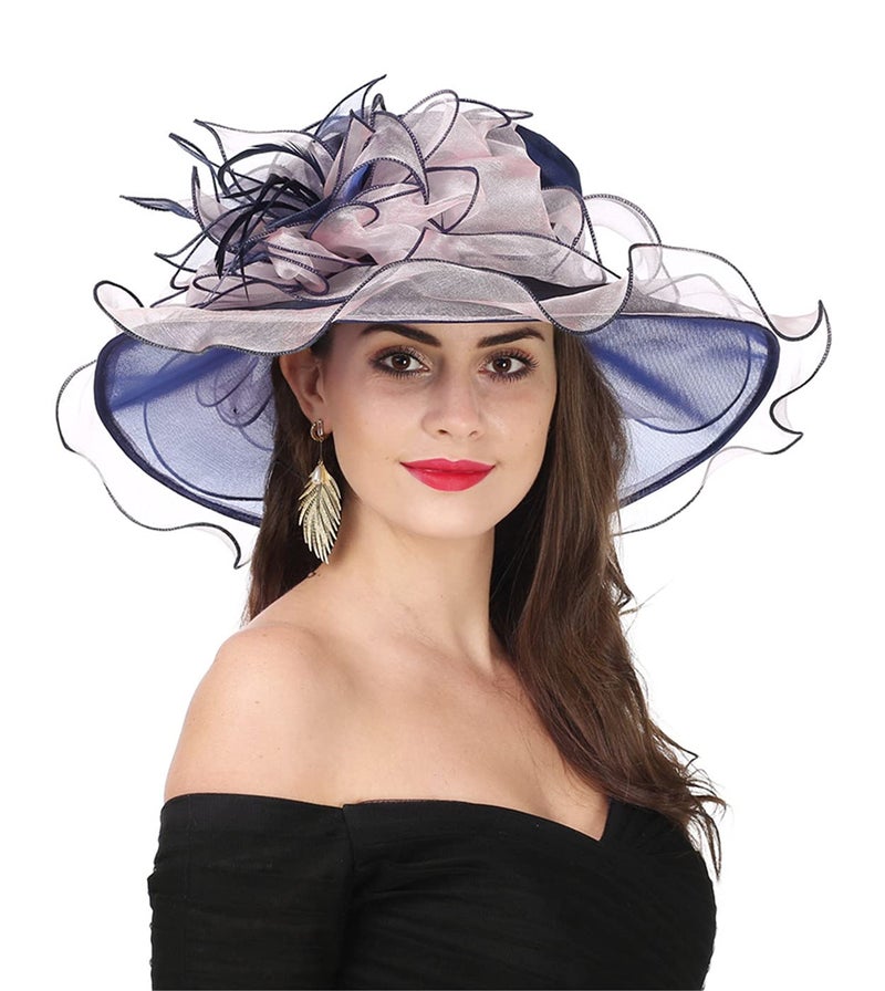 SAFERIN Women's Organza Church Kentucky Derby Fascinator Bridal Tea Party Wedding Hat (2867-Navy and Pink) - Image 1