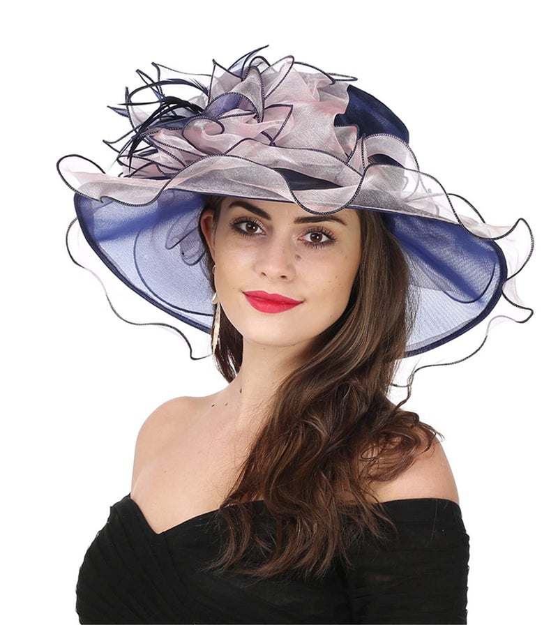 SAFERIN Women's Organza Church Kentucky Derby Fascinator Bridal Tea Party Wedding Hat (2867-Navy and Pink) - Image 2