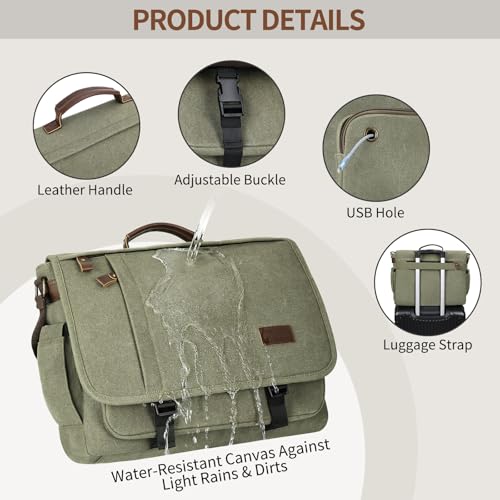 ESTARER Men's Messenger Bag 17.3 Inch, Water-resistant Canvas Laptop Bag, Computer Shoulder Bag for College Travel Work, Army Green - Image 5