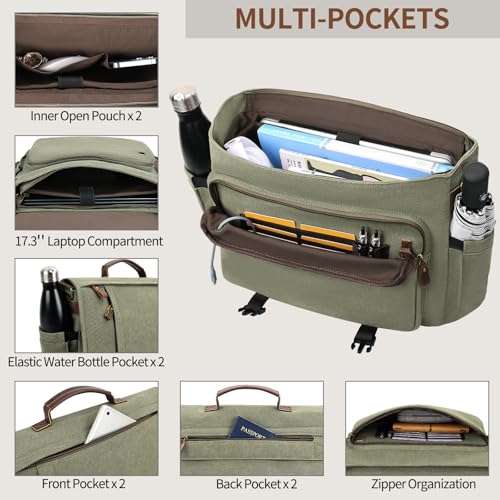 ESTARER Men's Messenger Bag 17.3 Inch, Water-resistant Canvas Laptop Bag, Computer Shoulder Bag for College Travel Work, Army Green - Image 4