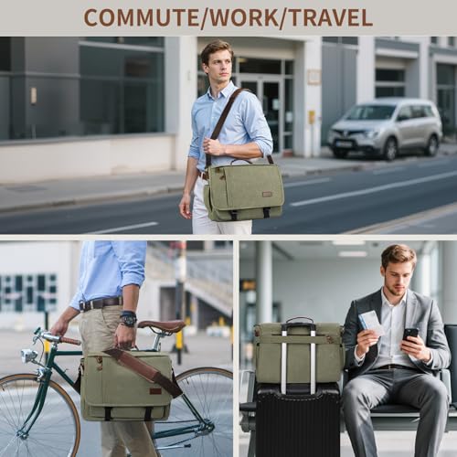 ESTARER Men's Messenger Bag 17.3 Inch, Water-resistant Canvas Laptop Bag, Computer Shoulder Bag for College Travel Work, Army Green - Image 2