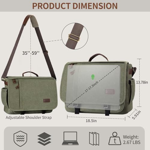 ESTARER Men's Messenger Bag 17.3 Inch, Water-resistant Canvas Laptop Bag, Computer Shoulder Bag for College Travel Work, Army Green - Image 3