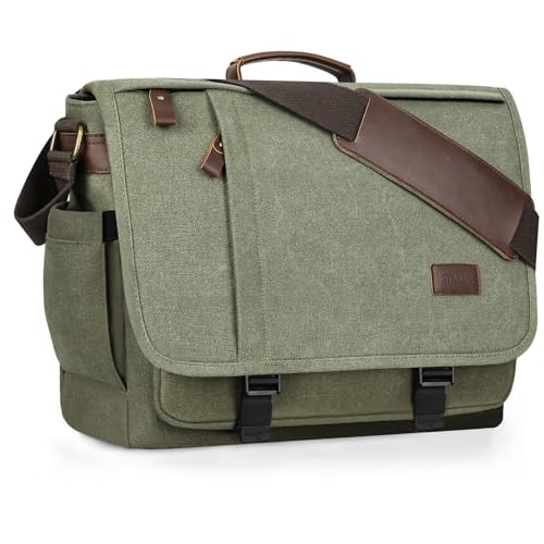 ESTARER Men's Messenger Bag 17.3 Inch, Water-resistant Canvas Laptop Bag, Computer Shoulder Bag for College Travel Work, Army Green - Image 1