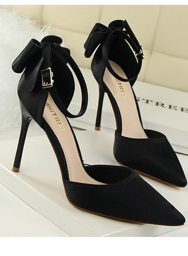 بيج تري Women's Closed Pointed Toe 10 CM High Heels with Bow Knot Ankle Strap Satin Stiletto Pumps Black - Image 2