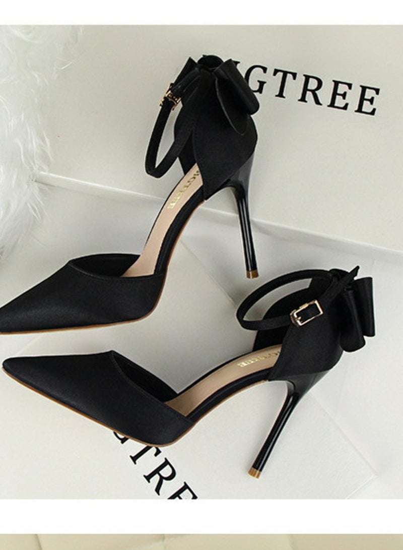 بيج تري Women's Closed Pointed Toe 10 CM High Heels with Bow Knot Ankle Strap Satin Stiletto Pumps Black - Image 3