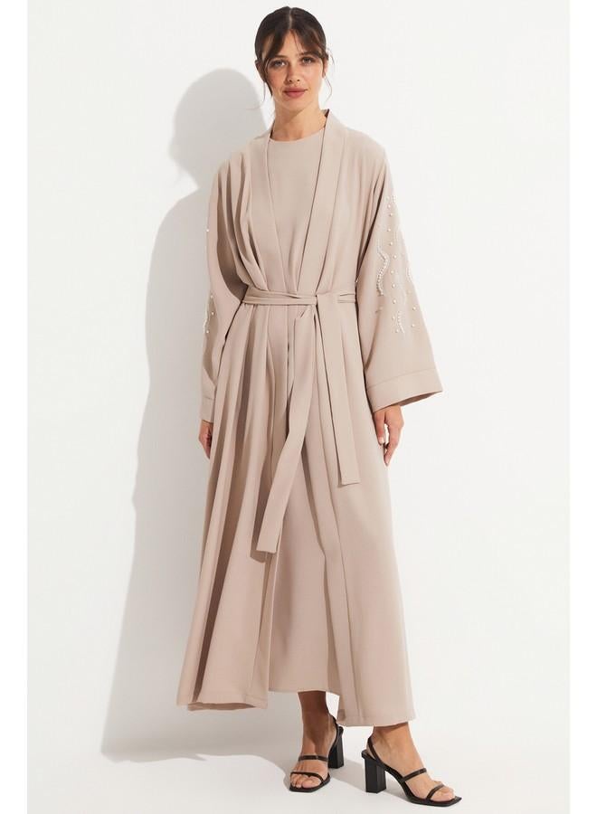 جون عباية جين ستون بتفاصيل انسيابية بيج - Image 1