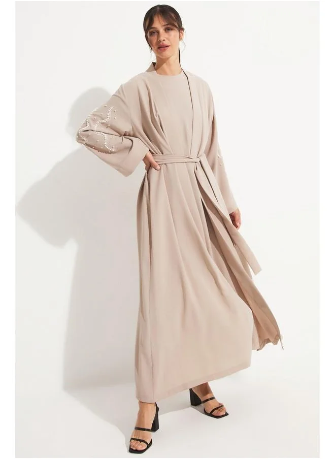 جون June Stone Detailed Flowy Abaya Beige