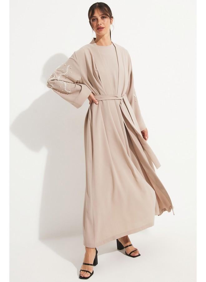 جون عباية جين ستون بتفاصيل انسيابية بيج - Image 2