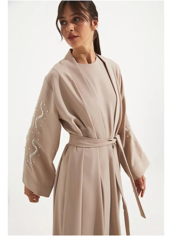 JUNE June Stone Detailed Flowy Abaya Beige