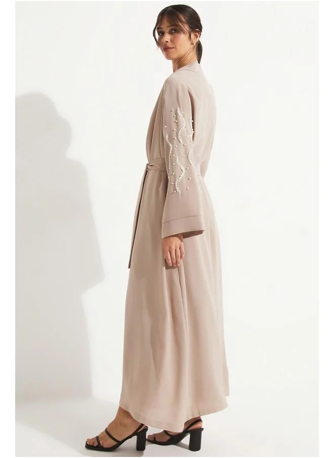 JUNE June Stone Detailed Flowy Abaya Beige