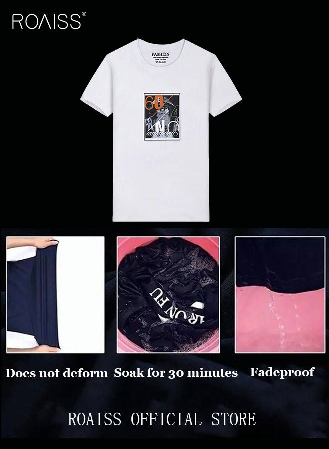 roaiss Men's Fashion Round Neck Printed T-Shirt Men's Loose T-Shirt Basic Bottom Short Sleeves Men's Soft Skin-Friendly Moisture Absorbent Breathable Half Sleeves  - Image 4