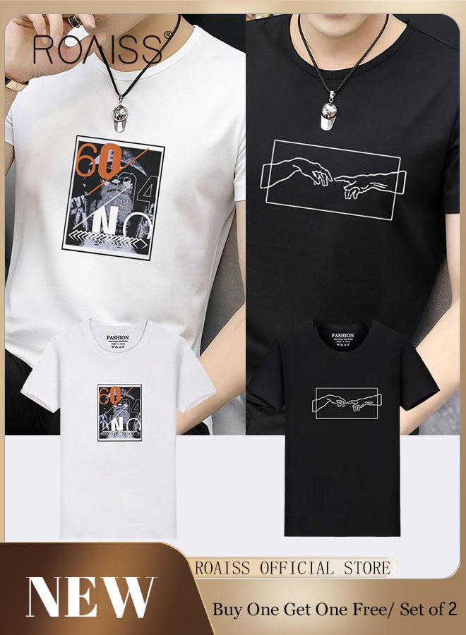 roaiss Men's Fashion Round Neck Printed T-Shirt Men's Loose T-Shirt Basic Bottom Short Sleeves Men's Soft Skin-Friendly Moisture Absorbent Breathable Half Sleeves  - Image 1