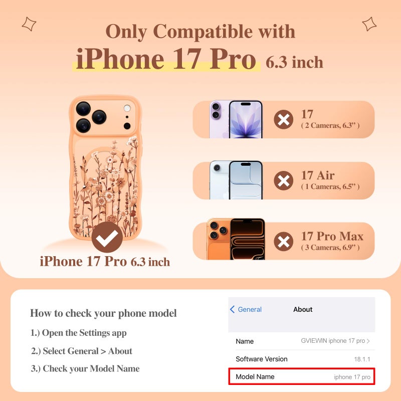 GVIEWIN for iPhone 17 Pro Case Compatible with MagSafe [Curly Wave Edge][Full Camera Protection] Floral Translucent Shockproof Magnetic Women Phone Case for iPhone 17 Pro 6.3'', Floratopia/Orange - Image 2