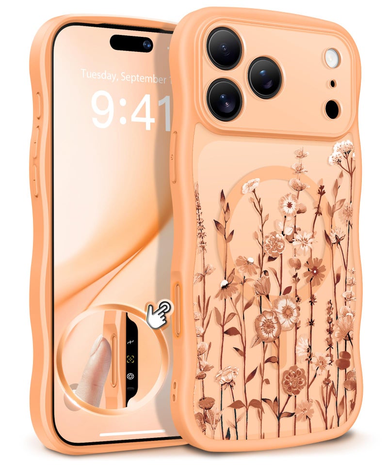 GVIEWIN for iPhone 17 Pro Case Compatible with MagSafe [Curly Wave Edge][Full Camera Protection] Floral Translucent Shockproof Magnetic Women Phone Case for iPhone 17 Pro 6.3'', Floratopia/Orange - Image 1