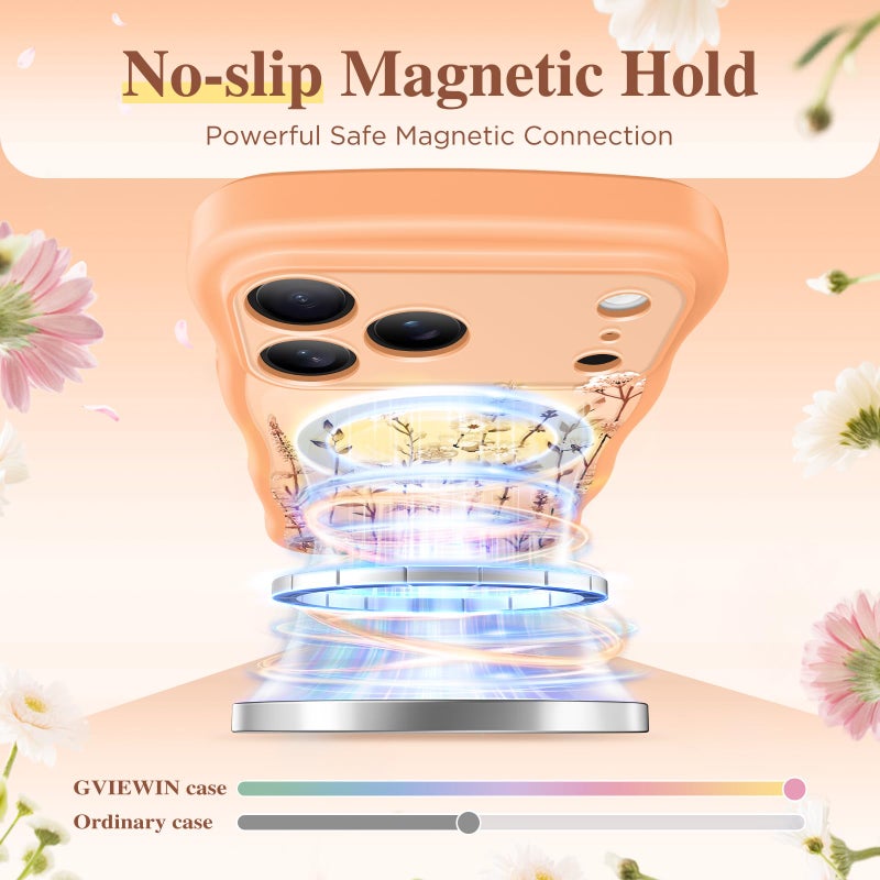 GVIEWIN for iPhone 17 Pro Case Compatible with MagSafe [Curly Wave Edge][Full Camera Protection] Floral Translucent Shockproof Magnetic Women Phone Case for iPhone 17 Pro 6.3'', Floratopia/Orange - Image 3