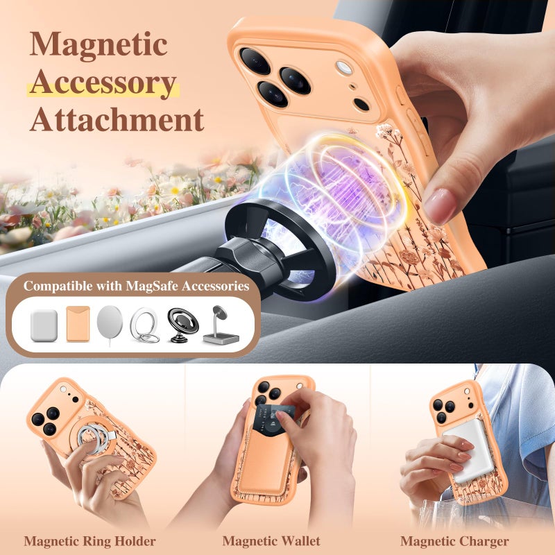 GVIEWIN for iPhone 17 Pro Case Compatible with MagSafe [Curly Wave Edge][Full Camera Protection] Floral Translucent Shockproof Magnetic Women Phone Case for iPhone 17 Pro 6.3'', Floratopia/Orange - Image 4