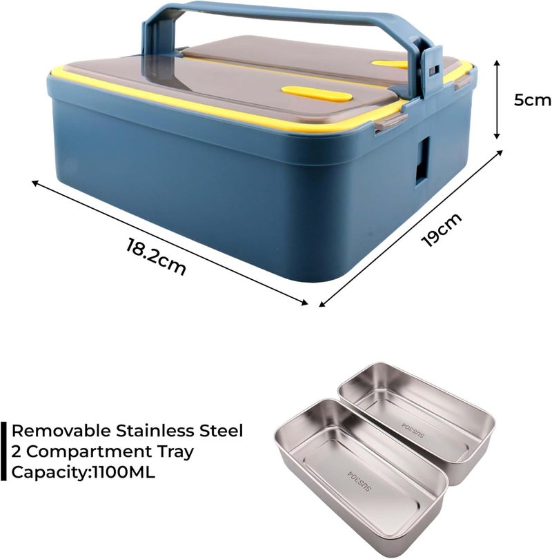 BrainGiggles 2 Compartments Stainless Steel Lunch Box with Removable Inner Tray - Insulated, Leak Proof Bento Box for Kids, Adults - Multifunctional Air Tight Food Container (With Handle, Blue) - Image 4