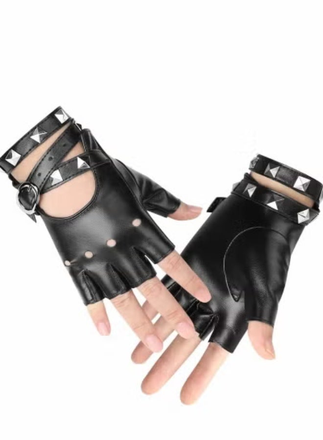 Leather Punk Gloves, Fingerless Gloves for Women, Driving, Cycling, Sports, Cosplay, Performance Half Finger Gloves for Women, Teens, Kids (Black) - Image 4