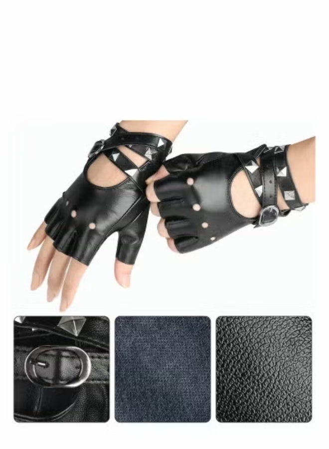 Leather Punk Gloves, Fingerless Gloves for Women, Driving, Cycling, Sports, Cosplay, Performance Half Finger Gloves for Women, Teens, Kids (Black) - Image 3