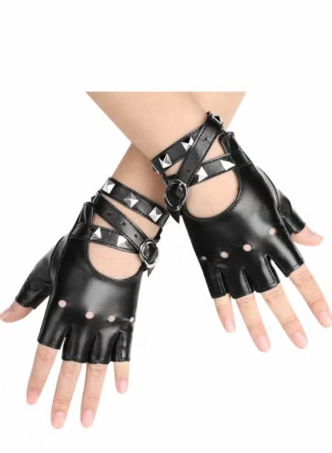 Leather Punk Gloves, Fingerless Gloves for Women, Driving, Cycling, Sports, Cosplay, Performance Half Finger Gloves for Women, Teens, Kids (Black) - Image 1