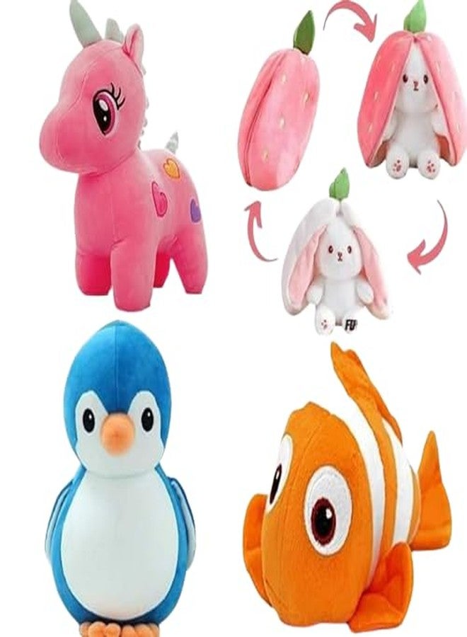 Future Shop Pack of 4 Elegant Soft Animals Stuffed Plush Toys Combo Set for Kids/Childrens/Boys/Girls Playing Birthday Gift Soft Fur Reversible Bunny, Unicorn, Penguien, Fish - Image 1