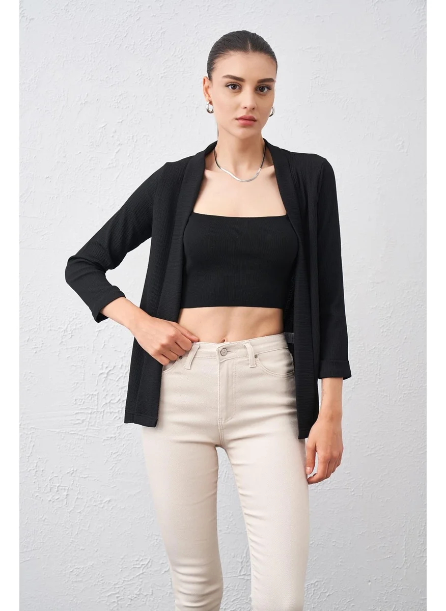 تينا Women's Black Elbow Sleeve Open Front Jacket