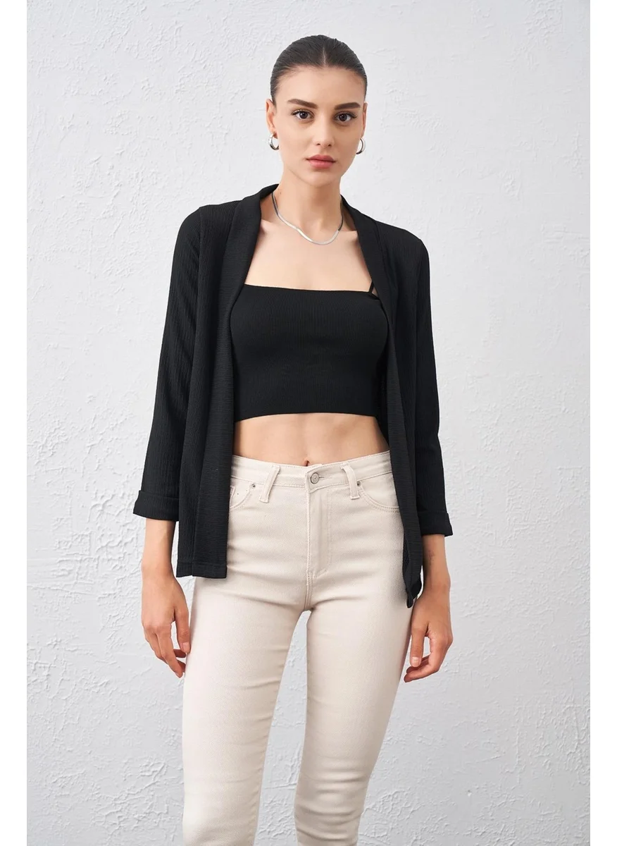 تينا Women's Black Elbow Sleeve Open Front Jacket