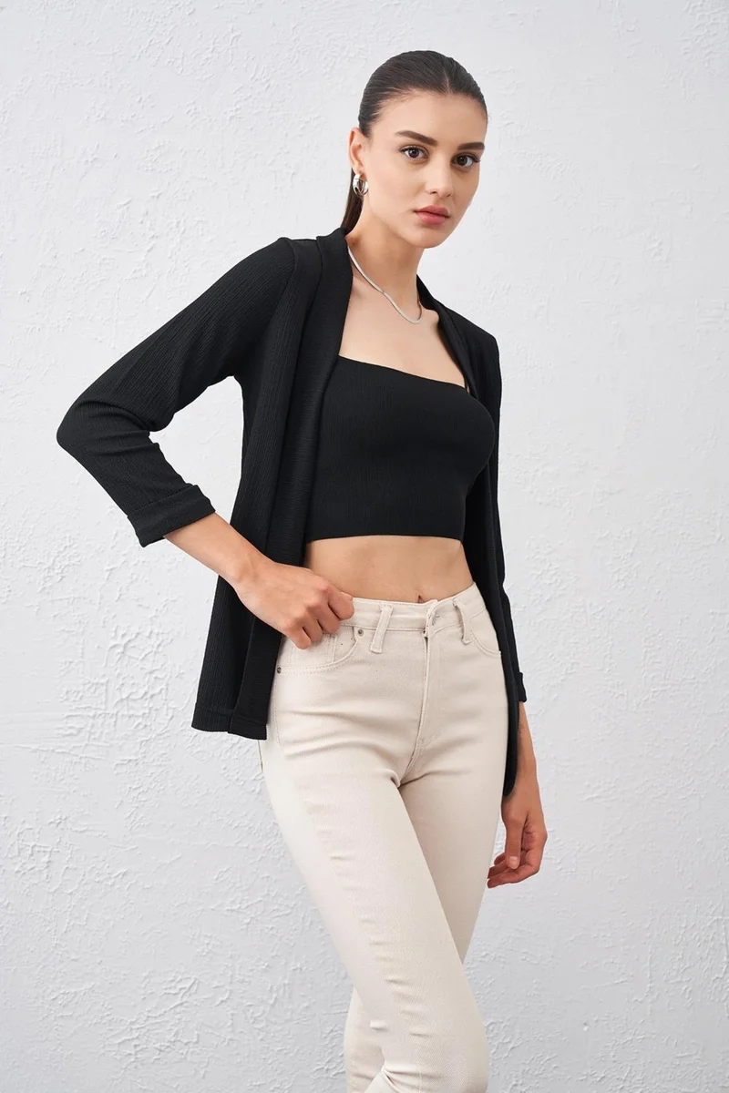 تينا Women's Black Elbow Sleeve Open Front Jacket