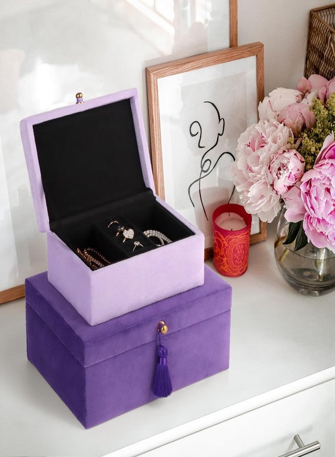HofferRuffer Velvet Decorative Boxes, Jewelry Boxes Storage Accessory Organizer Boxes with Elegant Handle Decor, Classic Velvet Set of 2 Pieces (Purple) - Image 3