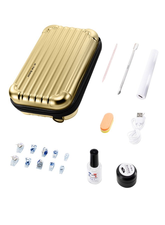 Makeup Gift, Handmade Fake Nails Set, Luxury Golden Color Hard Shell Cosmetic Bag, Handheld UV LED Nail Lamp with USB Charging Cable - Image 1