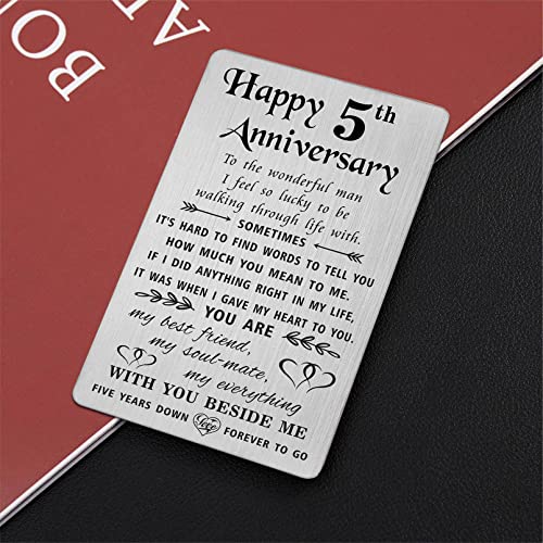 TANWIH 5 Year Anniversary Card Gifts for Him Men, 5th Anniversary Card Gifts for Him Boyfriend, 5th Year Wedding Gift for Husband, Engraved Metal Wallet Insert - Image 4