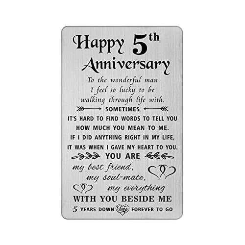 TANWIH 5 Year Anniversary Card Gifts for Him Men, 5th Anniversary Card Gifts for Him Boyfriend, 5th Year Wedding Gift for Husband, Engraved Metal Wallet Insert - Image 1