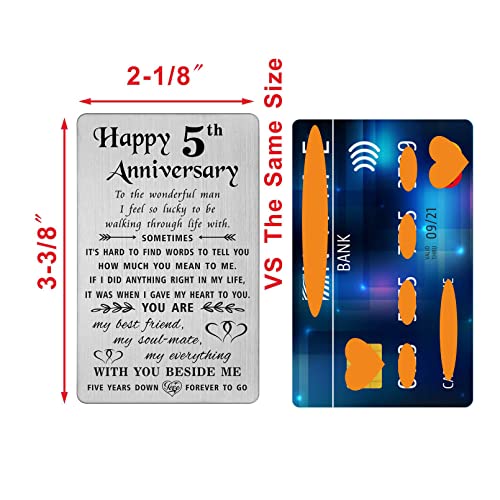 TANWIH 5 Year Anniversary Card Gifts for Him Men, 5th Anniversary Card Gifts for Him Boyfriend, 5th Year Wedding Gift for Husband, Engraved Metal Wallet Insert - Image 2
