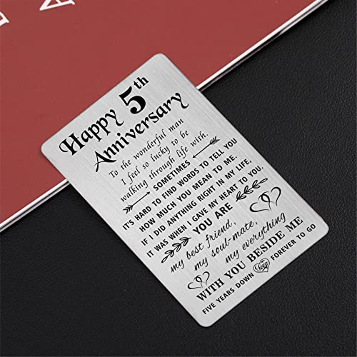 TANWIH 5 Year Anniversary Card Gifts for Him Men, 5th Anniversary Card Gifts for Him Boyfriend, 5th Year Wedding Gift for Husband, Engraved Metal Wallet Insert - Image 5